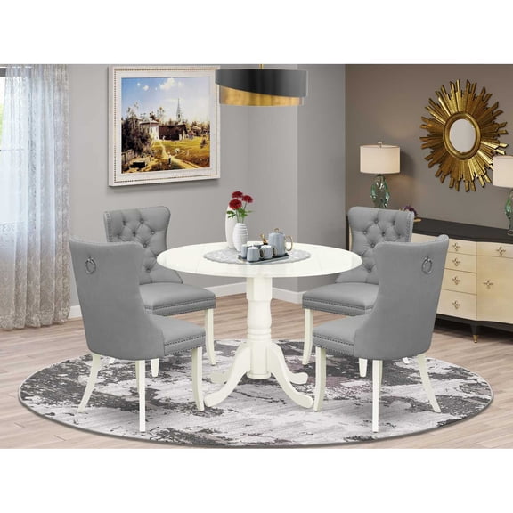 HomeStock Seaside Serenity 5 Piece Dining Set Includes A Round Kitchen Table With Dropleaf And 4 Upholstered Parson Chairs, Linen White