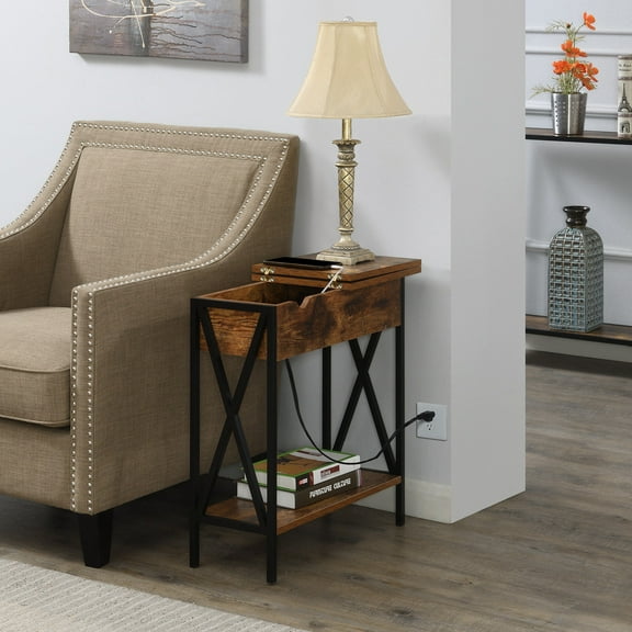 HomeStock Seaside Serenity Electric Flip Top Table - 23.75" x 11.25" x 24", Charging Station with 2 Outlets & USB Ports, Convenient Storage, Easy Assembly