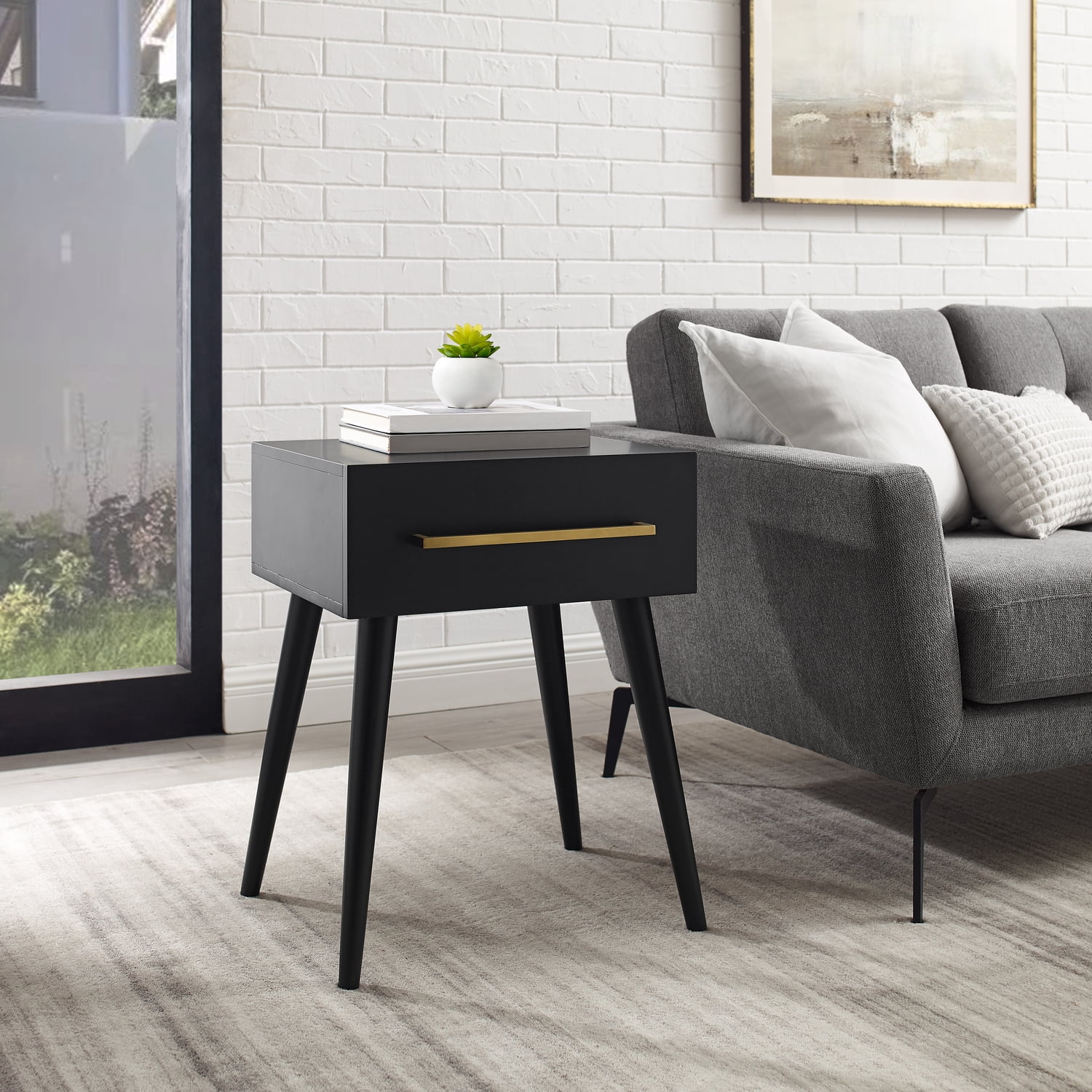 Everett Matte Black Mid-Century Modern Storage End Table