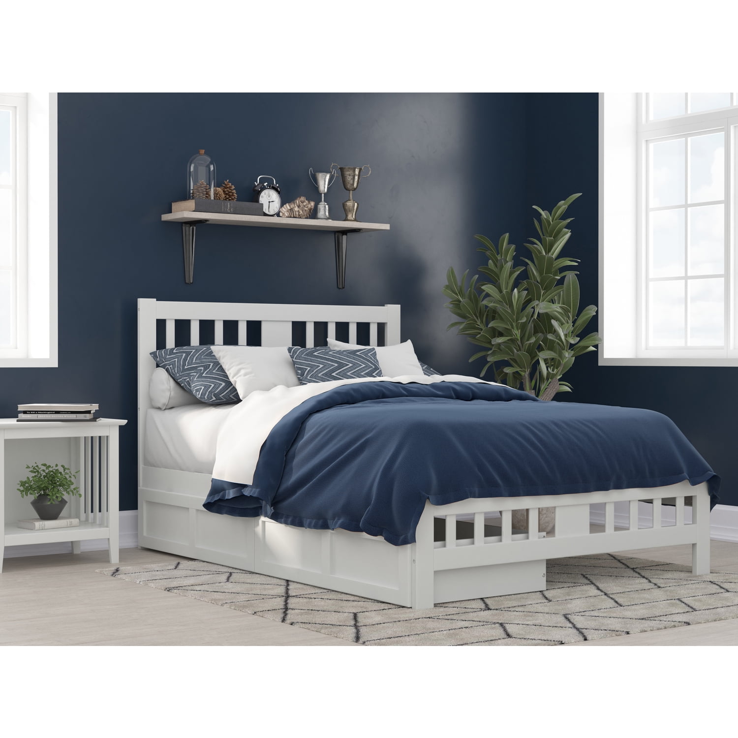 White Full Wood Bed with Headboard and 2 Drawers