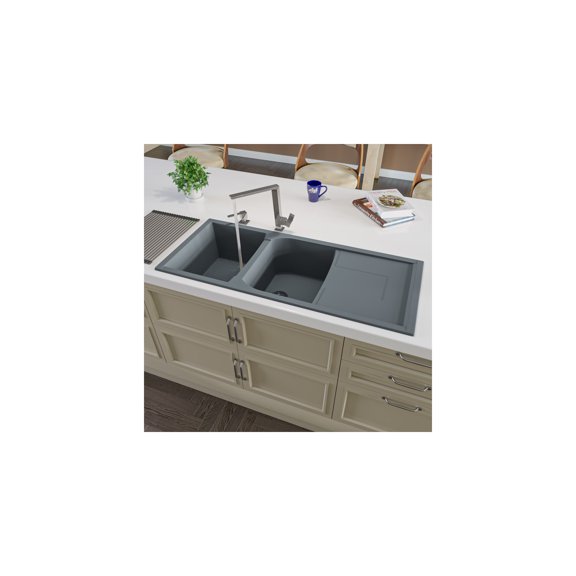 HomeStock Seaside Serenity Titanium 46" Double Bowl Granite Composite Kitchen Sink with Drainboard - Reversible, Extreme Durability with Customizable Faucet Placement