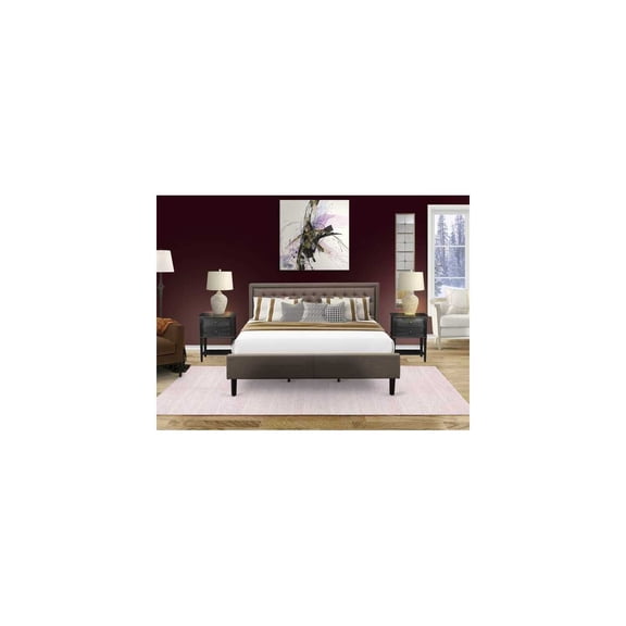 HomeStock Seaside Style 3 Piece King Bedroom Set 1 Bed Frame Brown Linen Fabric Padded and Button Tufted Headboard 2 Modern Nightstand with Wooden Drawers Black Finish Legs