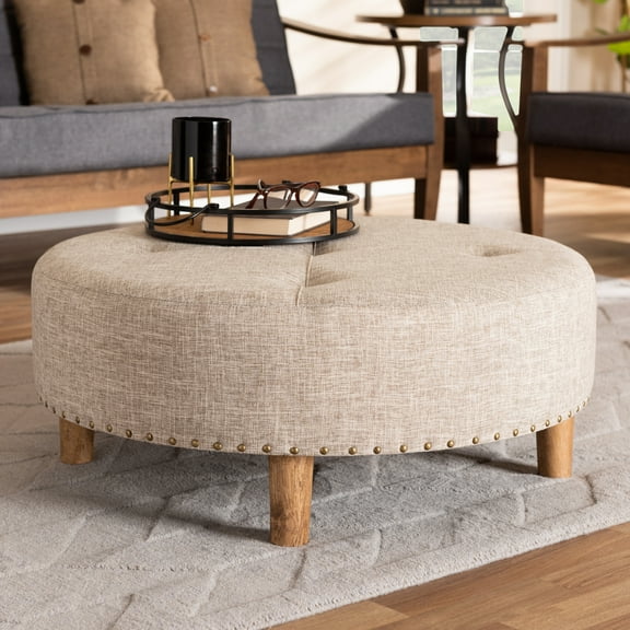 HomeStock Seaside Style Beige Fabric Upholstered Natural Wood Cocktail Ottoman
