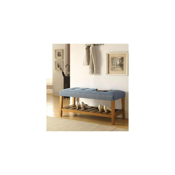 HomeStock Classic Charm Upholstered Entryway Bench with Tufted Padded Seat and Lower Storage Shelf for Shoes or Decor-Color:Blue