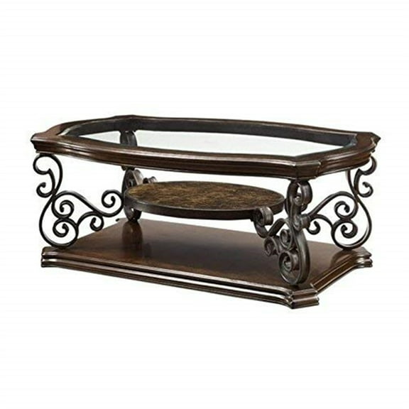 HomeStock Seaside Style Coffee Table With Tempered Glass Top, 20" x 52" x 32", Deep Merlot Finish, Stylish Design Perfect for Coastal Living Spaces