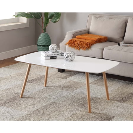 HomeStock Seaside Style Coffee Table, White Piano Finish Top, Solid Wood Legs, Mid-Century Inspired Design with Easy Assembly, Perfect for Living Room or Lounge Space