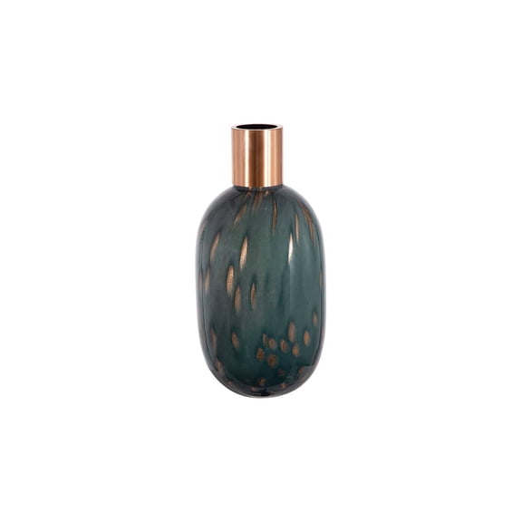 HomeStock Seaside Style Glass Vase - 9.7"Dia. x 20"H, Blue/Copper - Handcrafted with Swirled Design and Copper Trim for a Transitional Accent Piece