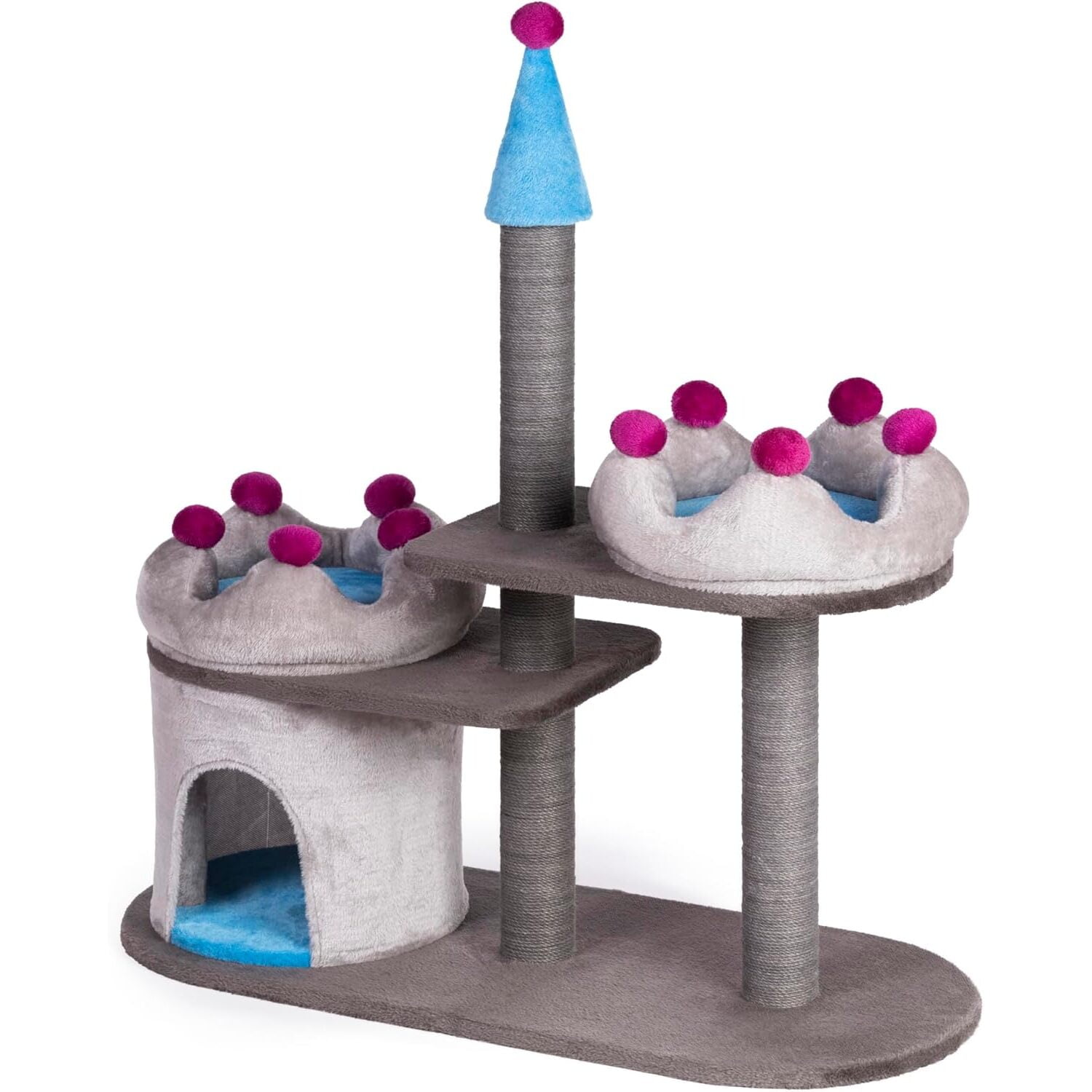 Gray and Blue Faux Fleece Castle Cat Tree with Perches
