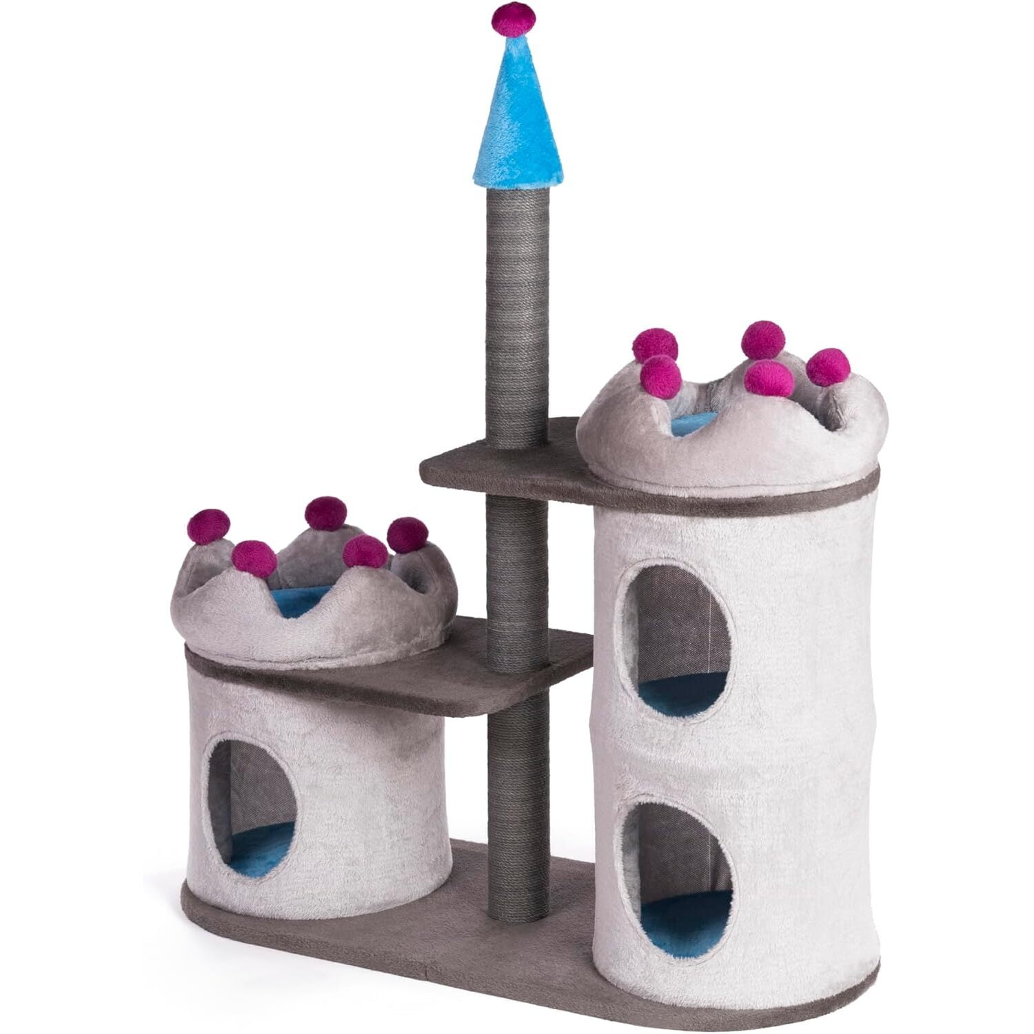 Gray and Blue Faux Fleece Castle Cat Tree with Perches