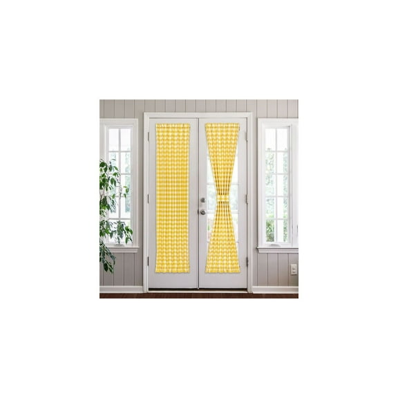 HomeStock Seaside Style Rod Pocket Door Panel and Tieback - Yellow - 25x72-Inch - Check Pattern with Adjustable Tieback for French Doors