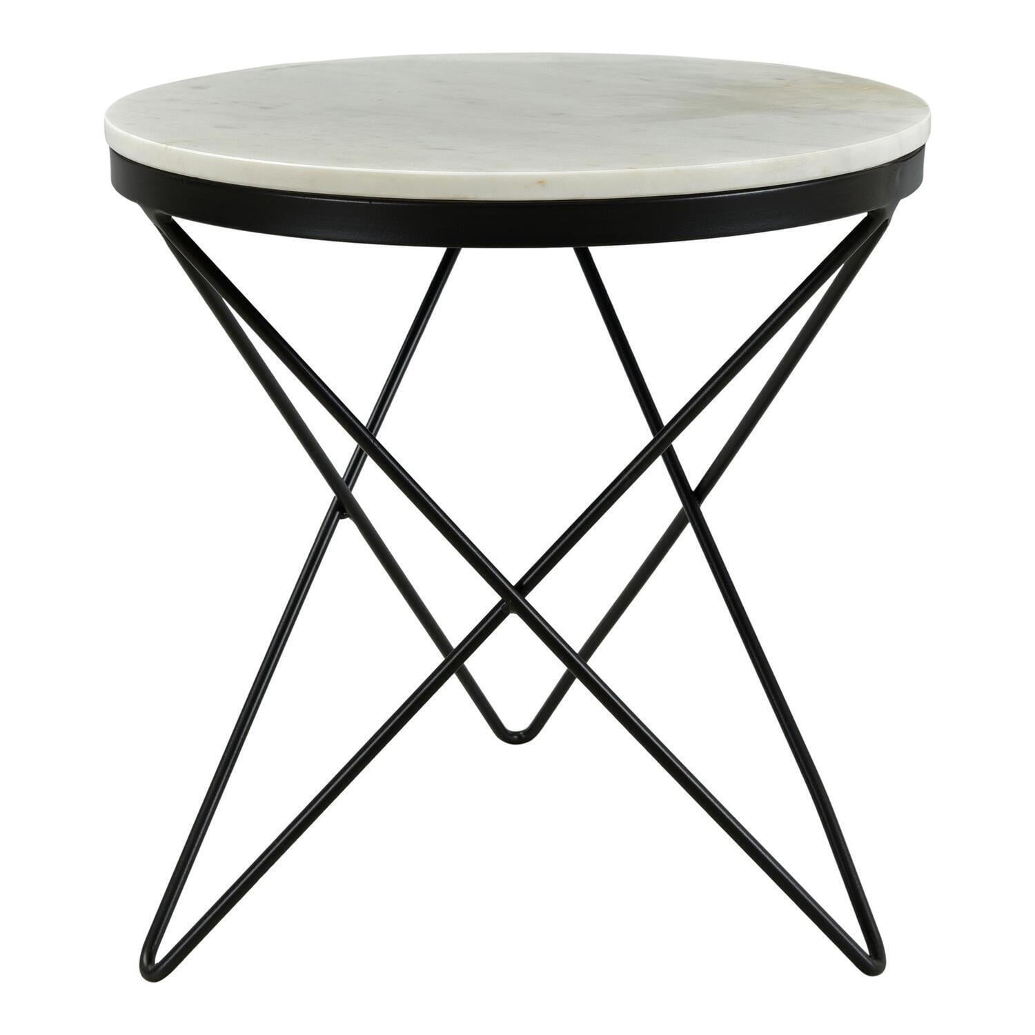 Round White Marble Top End Table with Black Metal Base