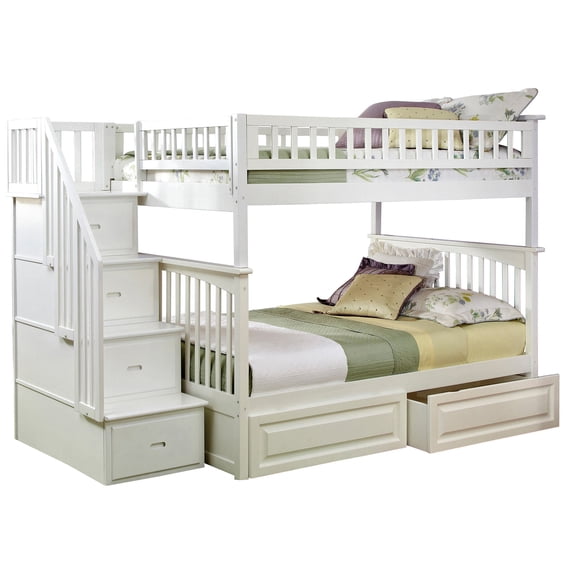 HomeStock Seaside Style Staircase Bunk with Turbo Charger and Raised Panel Bed Drawers-Color:White,Size:Full over Full