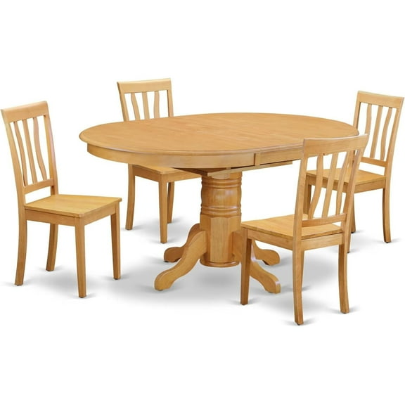 HomeStock Set - Kitchen Dinette Table And 4 Kitchen Chairs, Oak, 42"x60" Oval Table With Built-In 18-Inch Leaf, 30" High, Includes 5-Piece Set