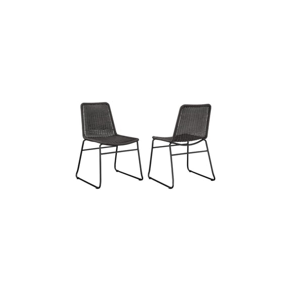 Transitional Dining Chairs (Set of 2) - Boho Style, Brown Faux Rattan Seat, Black Metal Frame, Flared Base
