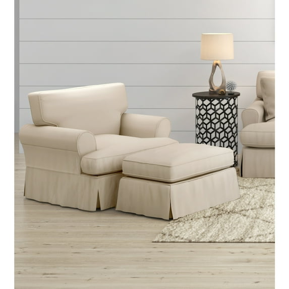 Slipcovered T Cushion Chair Ottoman Set - Washable Performance Fabric - Living Room Accent Armchair - Tan Beige