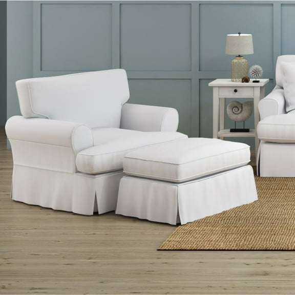 Slipcovered T Cushion Chair Ottoman Set - Washable Performance Fabric Armchair - Living Room Accent Furniture - White
