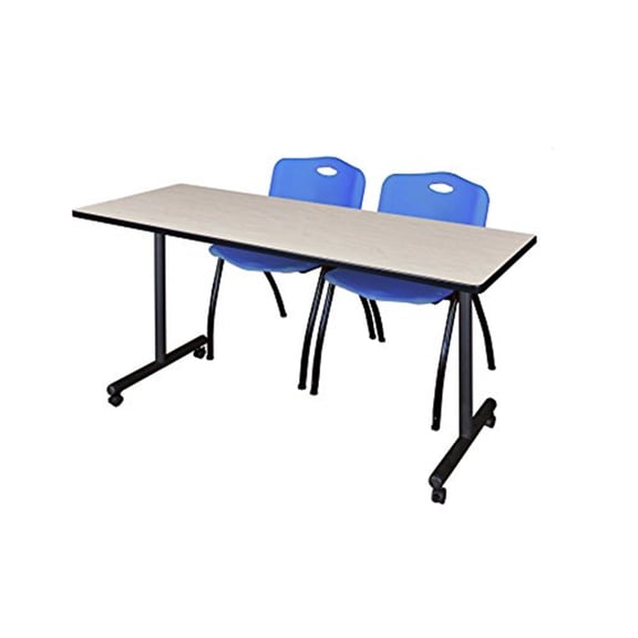 HomeStock Sophisticated Simplicity 24" Mobile Training Table in Maple with 2 'M' Stack Chairs in Blue Designed for Clean and Modern Collaborative Offices
