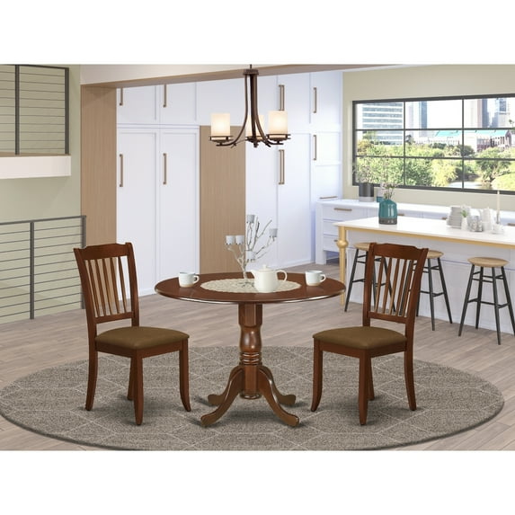 3Pc Dinette Set - Round Kitchen Table & 2 Linen Dining Chairs - Mahogany Finish