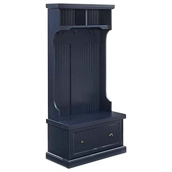 HomeStock Sophisticated Simplicity Hall Tree Navy, Beadboard paneling, Hinged Drop-Down Cabinet Door, Metal Handle with Bronze Finish - 64.25"H x 31.5"L x 15.75"D