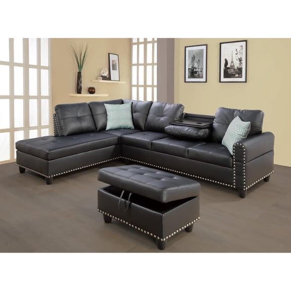 Sophisticated Simplicity Sectional Sofa With Ottoman, Living Room Set, Left Facing Chaise, 2 Cup Holders, 2 Throw Pillows, Tufted Back and Seat - 99.5"D x 67"W x 32"H