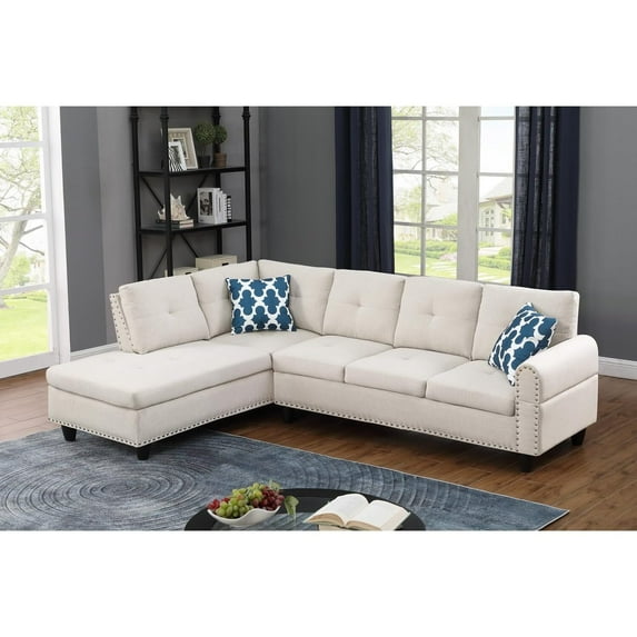 HomeStock Sophisticated Simplicity Sectional Sofa With Ottoman, Living Room Set, Left Facing Chaise, 2 Cup Holders, 2 Throw Pillows, Tufted Back and Seat - 99.5"D x 67"W x 32"H-Color:Beige