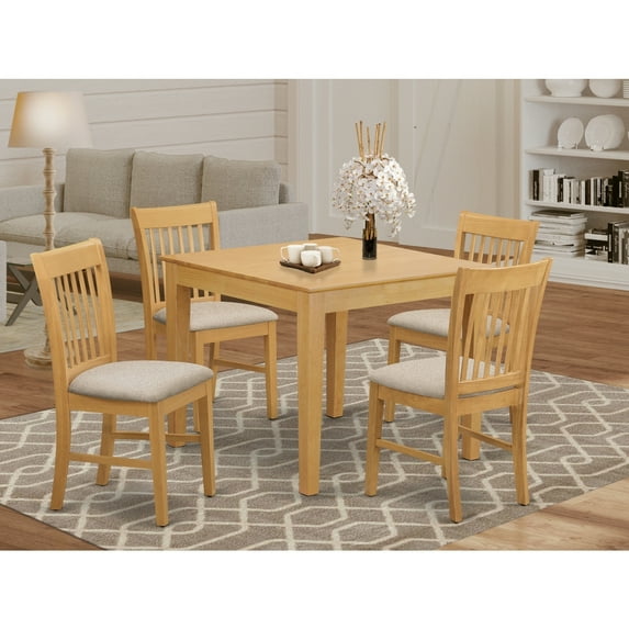 5 Piece Dinette Set - Square Table & 4 Linen Chairs - 36x36 Inch - Oak Finish Dining Room Set