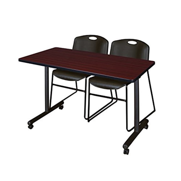 HomeStock Southwestern Sanctuary 24" Mobile Training Table in Mahogany Finish with 2 Black Zeng Stack Chairs for Rustic Office Appeal