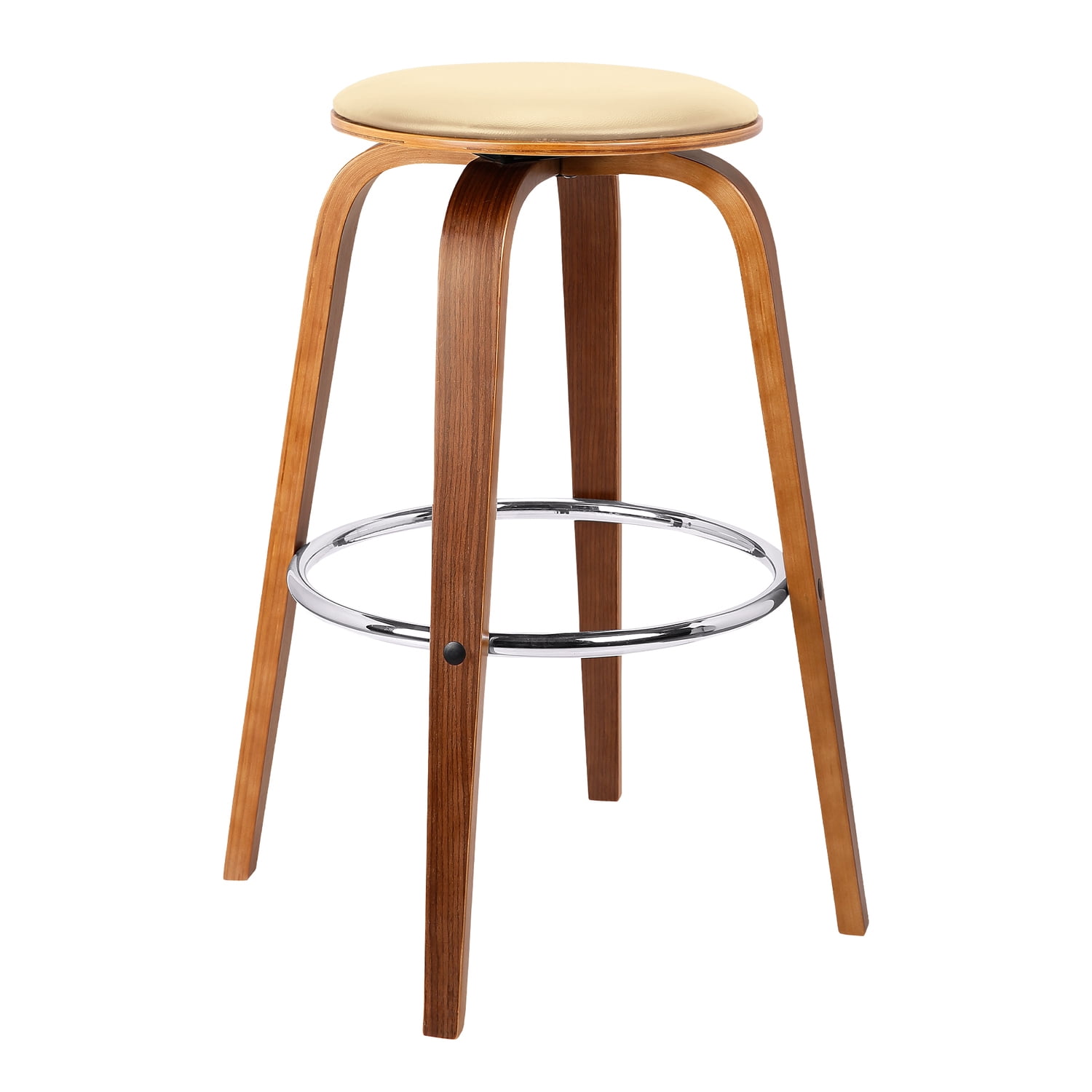 Cream and Walnut Swivel Backless Mid-Century Modern Bar Stool