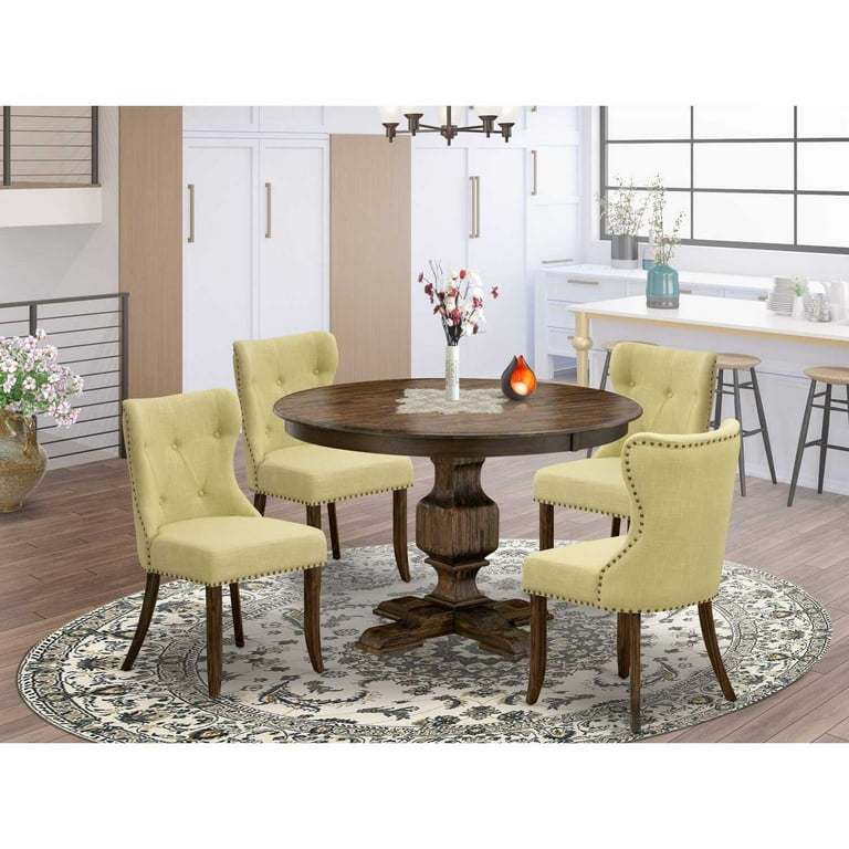 Homestock Southwestern Sanctuary 5Piece Modern Dining Set Wooden Pedestal Dining Table And 4 Limelight Color Parson Dining Room Chairs With Button