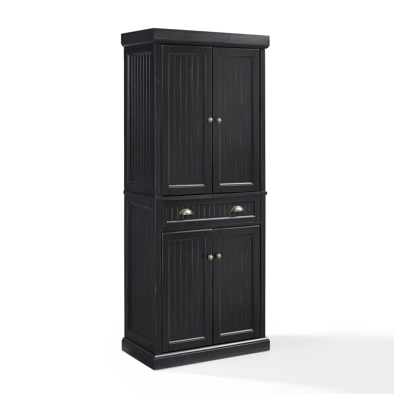 Seaside Distressed Black Solid Hardwood Coastal Pantry Cabinet