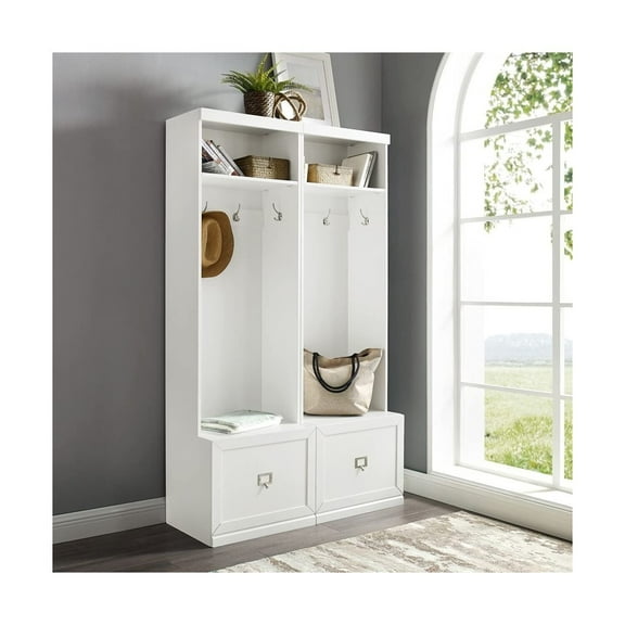Entryway Hall Tree Set - 2 Piece Modular Storage Bench with Hooks & Drawers - White Finish