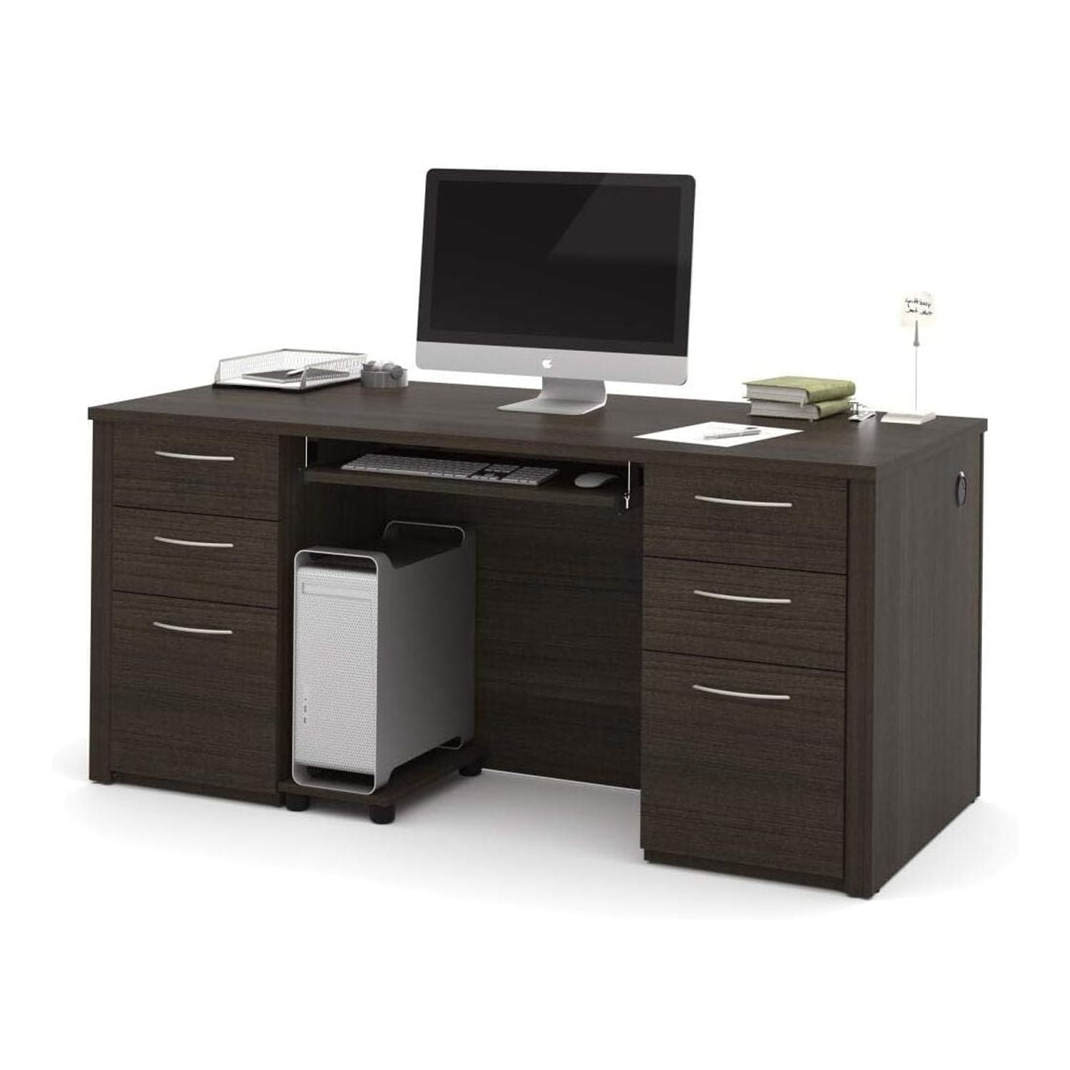 HomeStock Southwestern Sensibilities 66" Executive Desk Kit, Dark Chocolate - 66"W x 29.8"D x 30.4"H, Durable Laminate Finish with 3-Drawer Pedestals and Keyboard Tray