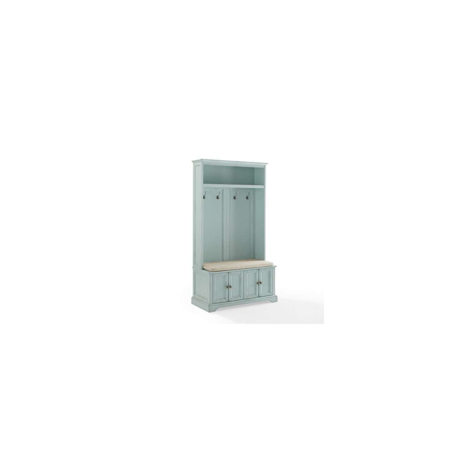 HomeStock Southwestern Sensibilities Hall Tree, Distressed Seafoam Blue w/ Oatmeal Cushion, 38 x 18 x 70 inches, Storage Cabinet w/ Doors \u0026 Adjustable Shelving, Coat Hooks, Modern Entryway Hall Tree