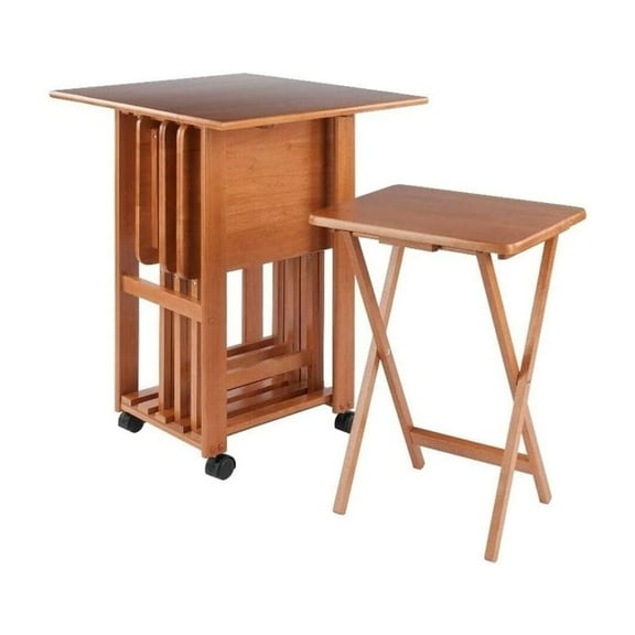 HomeStock 5-Piece Snack Table Set with Double Drop-Leaf Storage Table, 4 Folding Snack Tables, Grooved Slots, Solid Wood Design, and Rolling Casters-Color:Teak