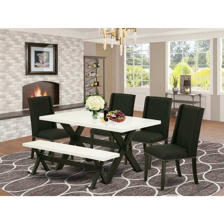 HomeStock Southwestern Style 6 Pc Black Linen Fabric Seat High Stylish Chair Back Parson Chairs A bench Top Modern Dining Table With Solid Wood Legs Linen White Wire Brushed