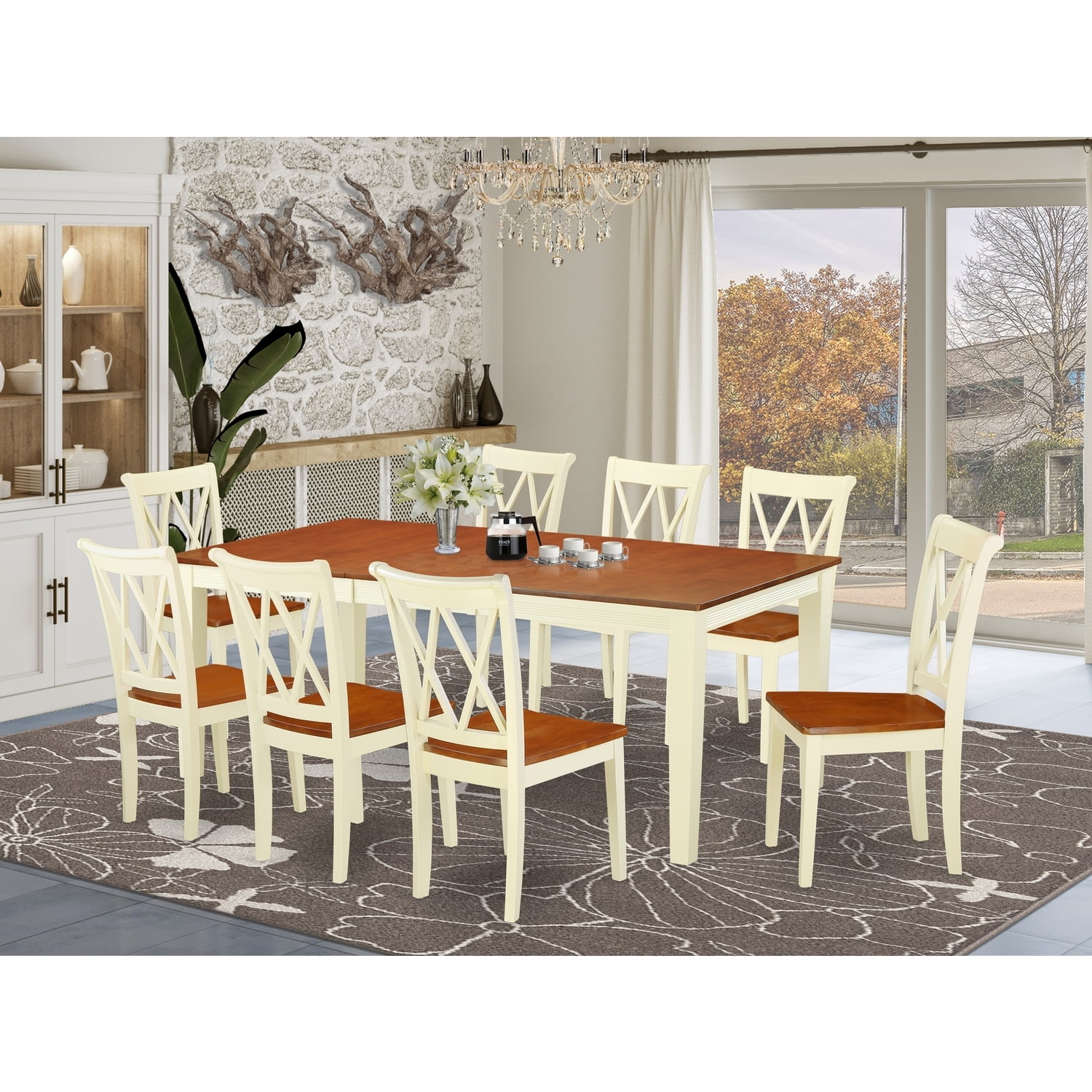 Quincy 9-Piece Extendable Dining Set in Buttermilk & Cherry with Asian Hardwood