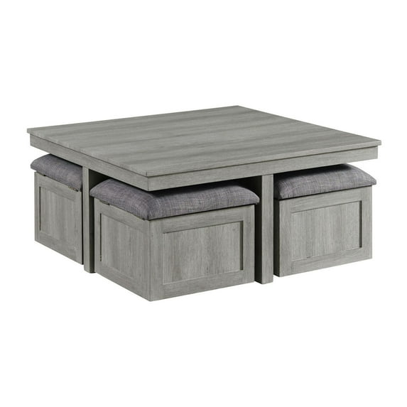 HomeStock Southwestern Style Coffee Table with Four Storage Stools (Ottomans) in Grey Finish - 18 x 38 x 38 inches, Lift Top Design on Stools, Stools Upholstered in Polyester