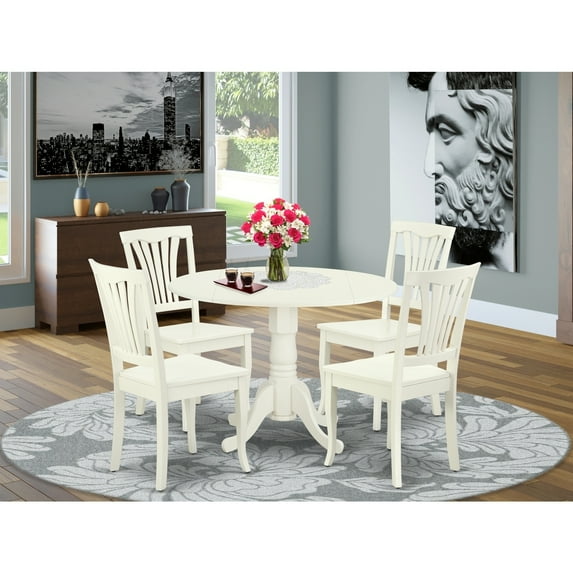Round Kitchen Table Set - 5 Piece Dining Set with 4 Chairs - Linen White