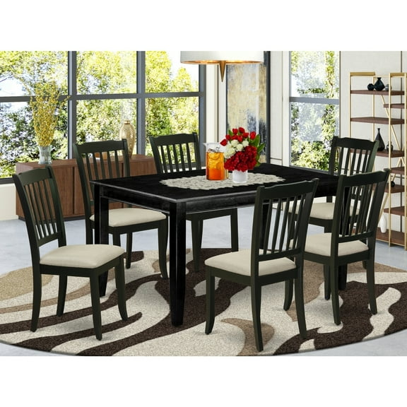 HomeStock Suburban Soiree 7Pc Dinette Set Includes A Rectangular Kitchen Table And Six Vertical Slatted Linen Seat Dining Chairs, Black Finish
