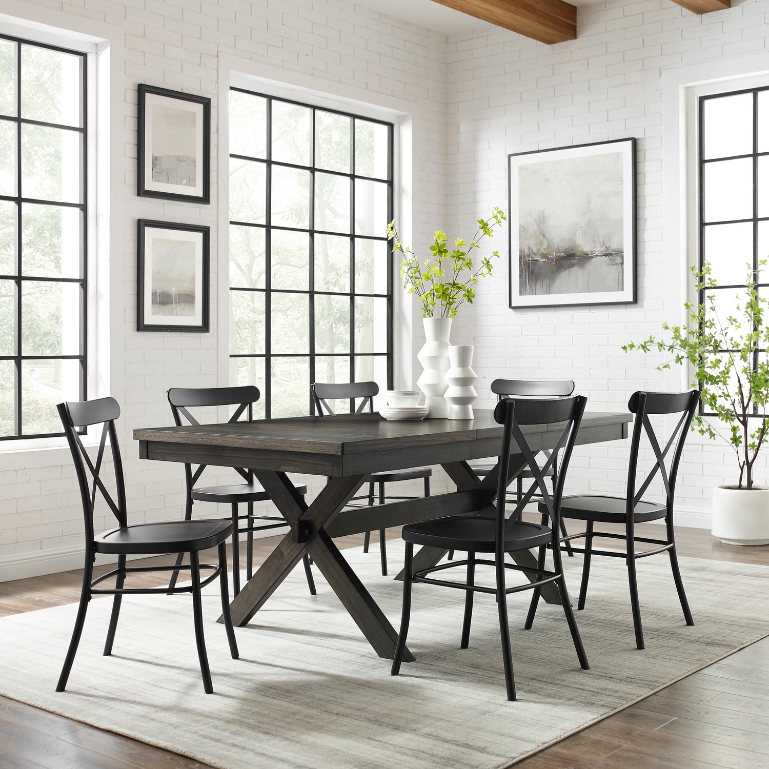 Modern Farmhouse Dining Set - 7 Piece Table & Chair Set - Steel Frame ...
