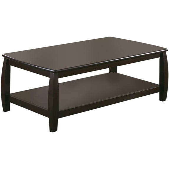 HomeStock Suburban Soiree Coffee Table with Shelf, Cappuccino Finish, 18"H x 47.5"W x 26"D, Spacious Lower Shelf, Transitional Bowed Legs Design