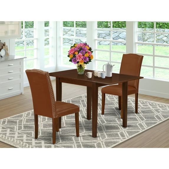 Modern Dining Table Set 3 Pcs - Dining Room Table & Chairs - Brown PU Leather - Hardwood Finish