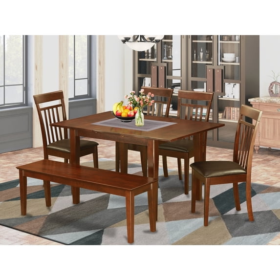 Modern 6 Piece Dining Set - Wood Table & Faux Leather Chairs - Bench Included - 32x60 Inch