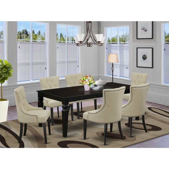 HomeStock Suburban Sophistication 7Pc Dinette Set Includes A Rectangular Kitchen Table With Butterfly Leaf And Six Parson Chairs With Light Beige Fabric, Black Finish