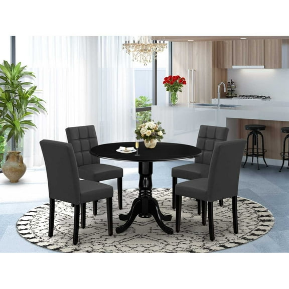 HomeStock Timeless Tradition 5 Piece Dining Table Set Contains A Round Kitchen Table With Dropleaf And 4 Chairs, Black Finish - 42" x 42" x 30"