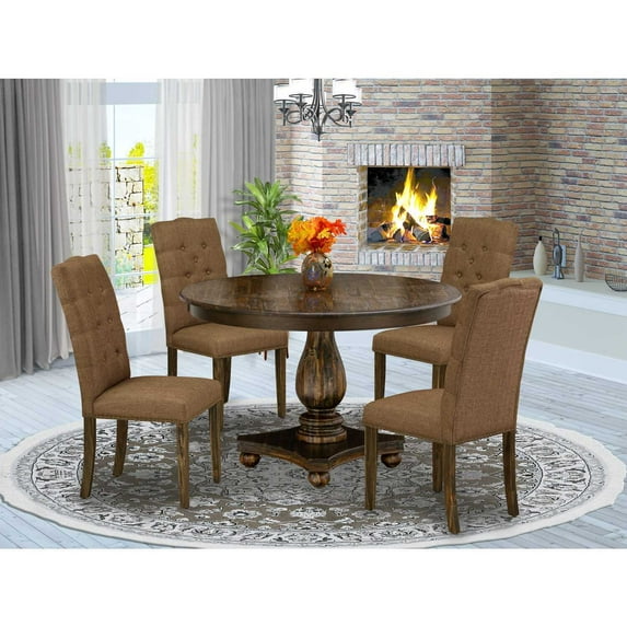 5 Piece Dining Set - Mid Century Modern Table & Chairs - Linen Fabric Upholstered Dining Room Set