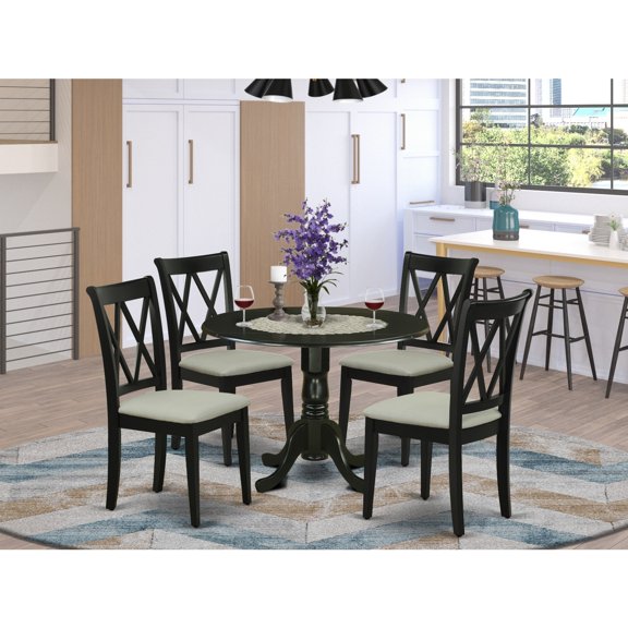 HomeStock Timeless Tradition 5Pc Dining Set Includes A Round Dinette Table With Drop Leaves And Four Double X Back Linen Seat Kitchen Chairs, Black Finish