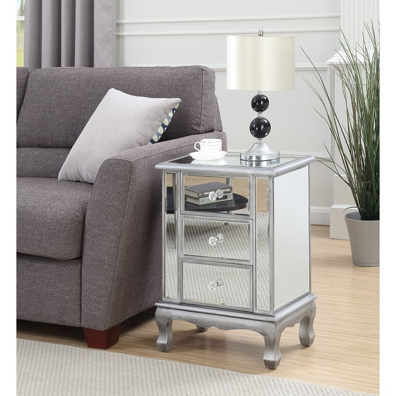 HomeStock Timeless Trends 3 Drawer Mirrored End Table with Faux Crystal Knobs, Antique Silver Finish - 24.8"H x 18.9"W x 12.2"D, Traditional Meets Contemporary, Glam Style