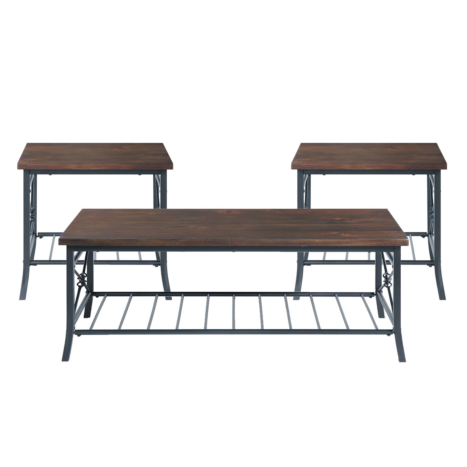 Walnut and Metal 3-Piece Coffee and End Table Set