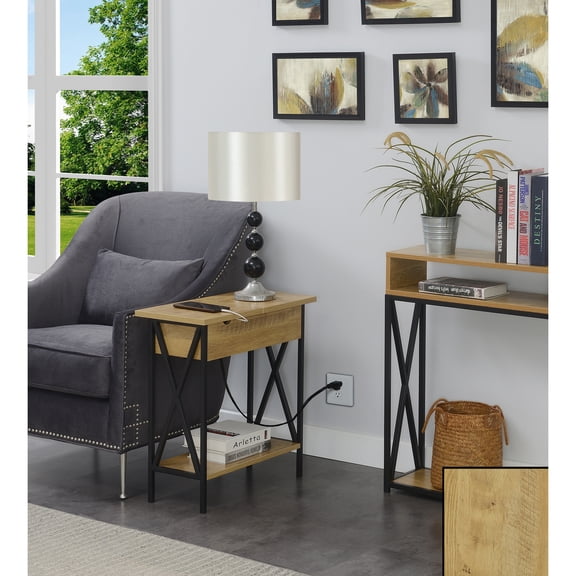 Flip Top End Table with USB Charging Station & Shelf - Modern Side Table for Living Room, Bedroom, Office - HomeStock